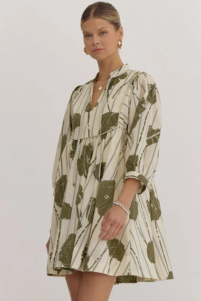 Printed 3/4 Sleeve Mini Dress in Olive by Entro