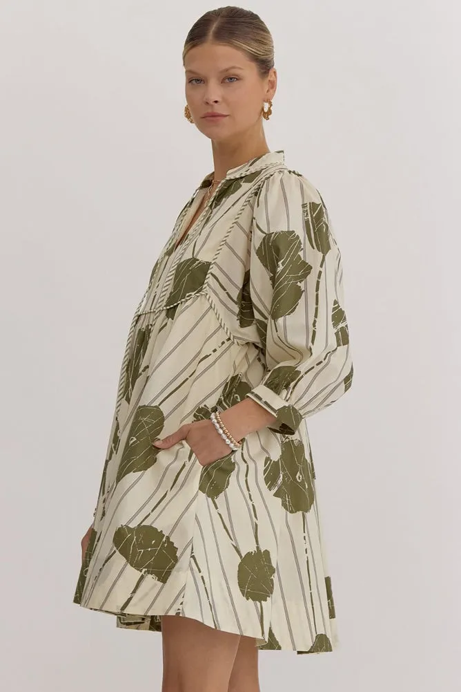 Printed 3/4 Sleeve Mini Dress in Olive by Entro