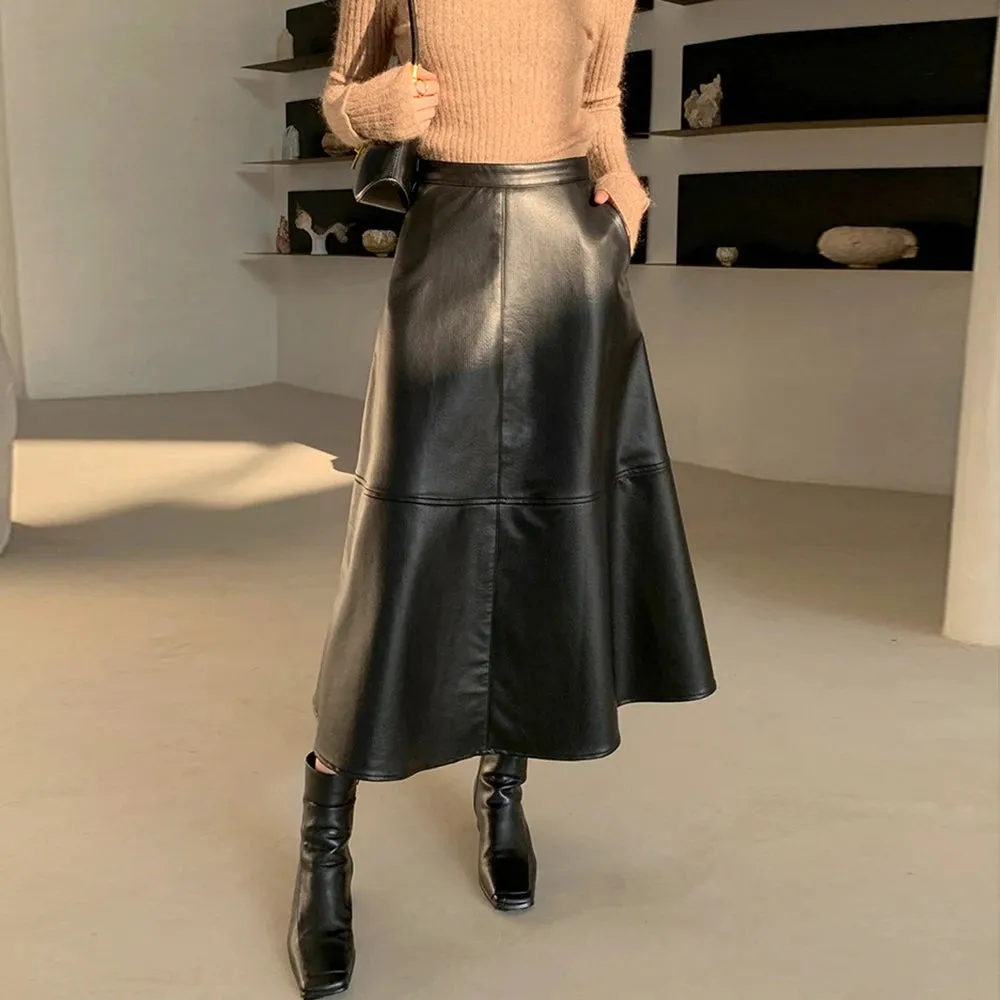 PU Leather Skirt For Women High Waist A Line Patchwork Solid Minimalist Midi Skirts Female Clothing Summer