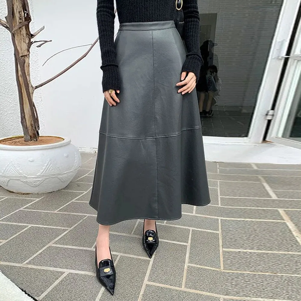 PU Leather Skirt For Women High Waist A Line Patchwork Solid Minimalist Midi Skirts Female Clothing Summer