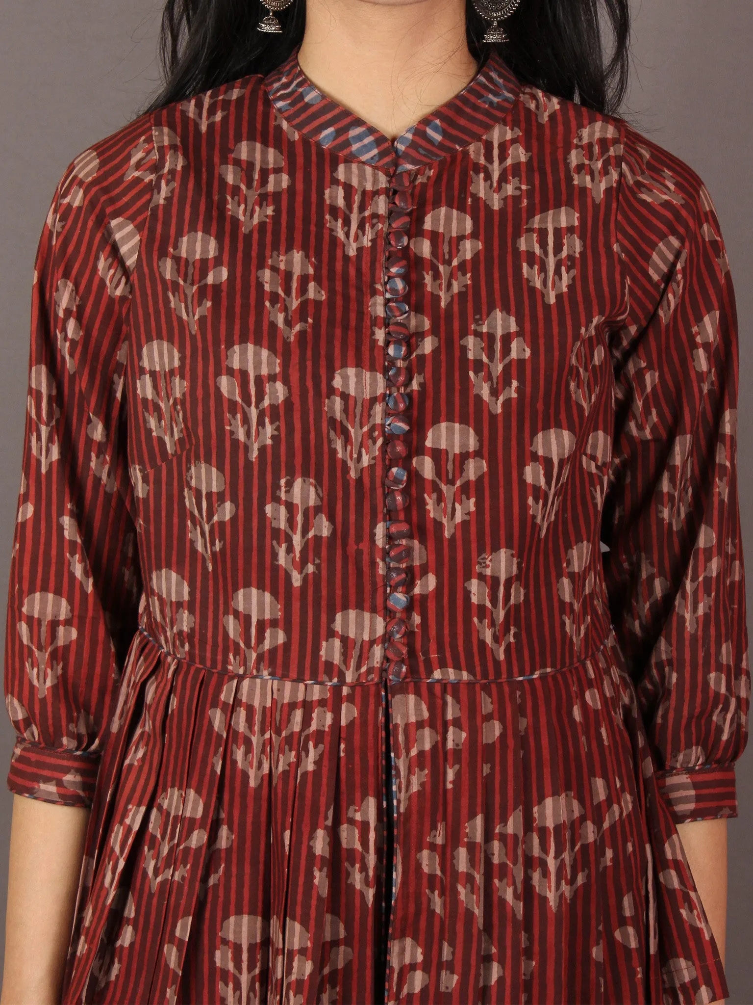 Red Beige Hand Block Printed Cotton Top - T11640023