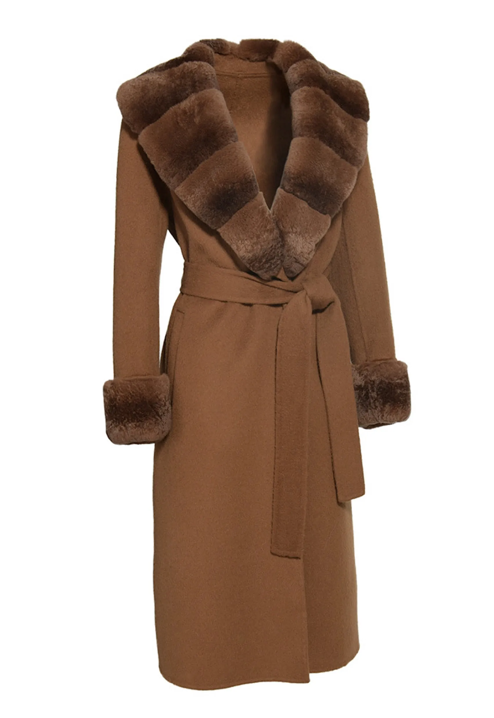 SAFA Brown Cashmere Coat with Rex Rabbit