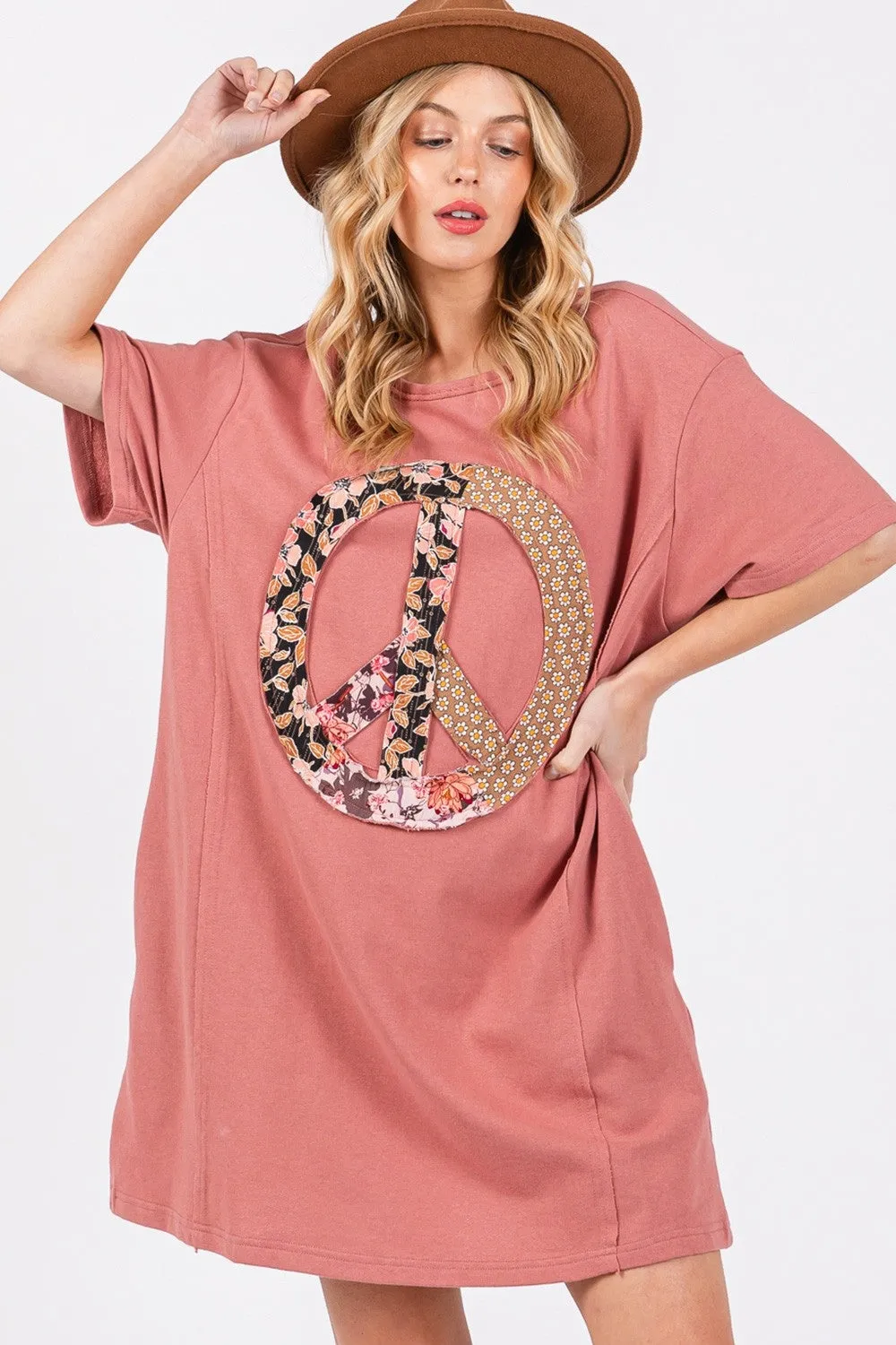 SAGE   FIG Full Size Peace Sign Applique Short Sleeve Tee Dress