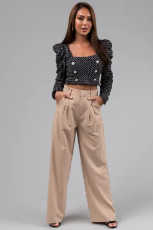 Sand Pleated High Waisted Wide Leg Pants