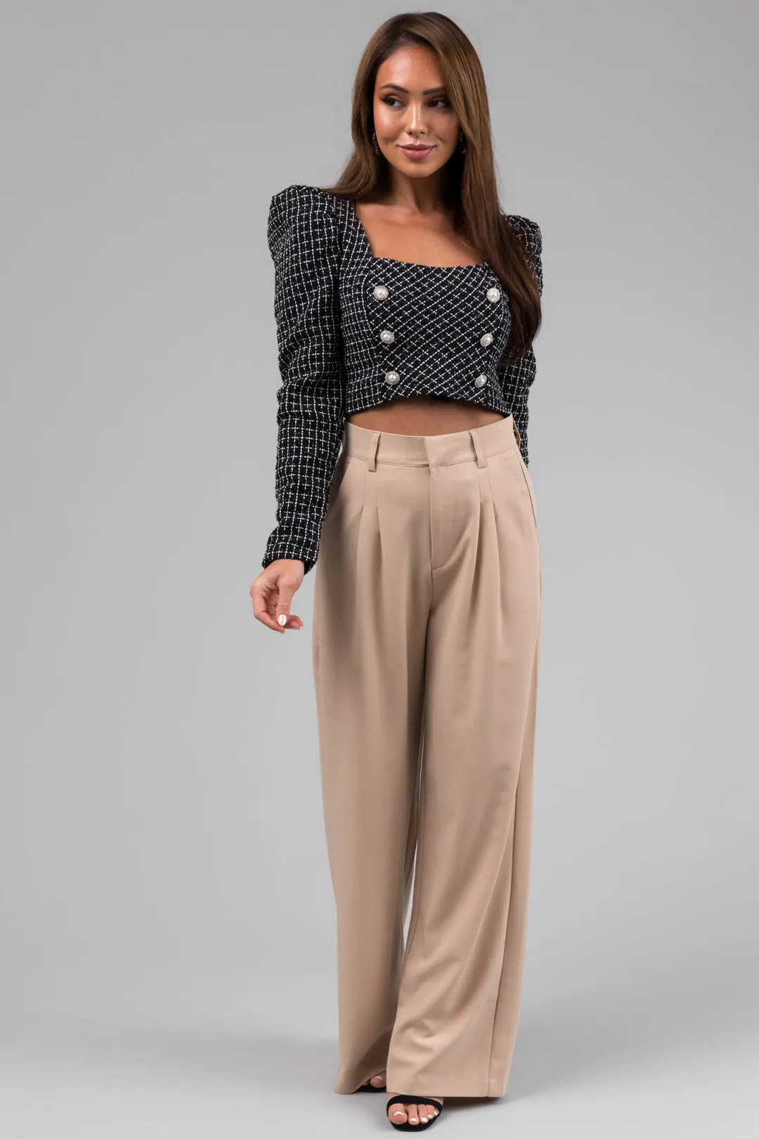 Sand Pleated High Waisted Wide Leg Pants