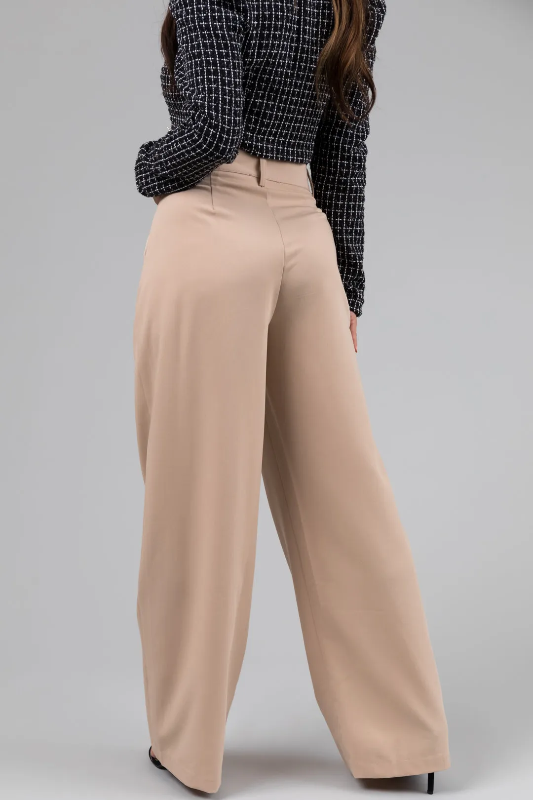 Sand Pleated High Waisted Wide Leg Pants