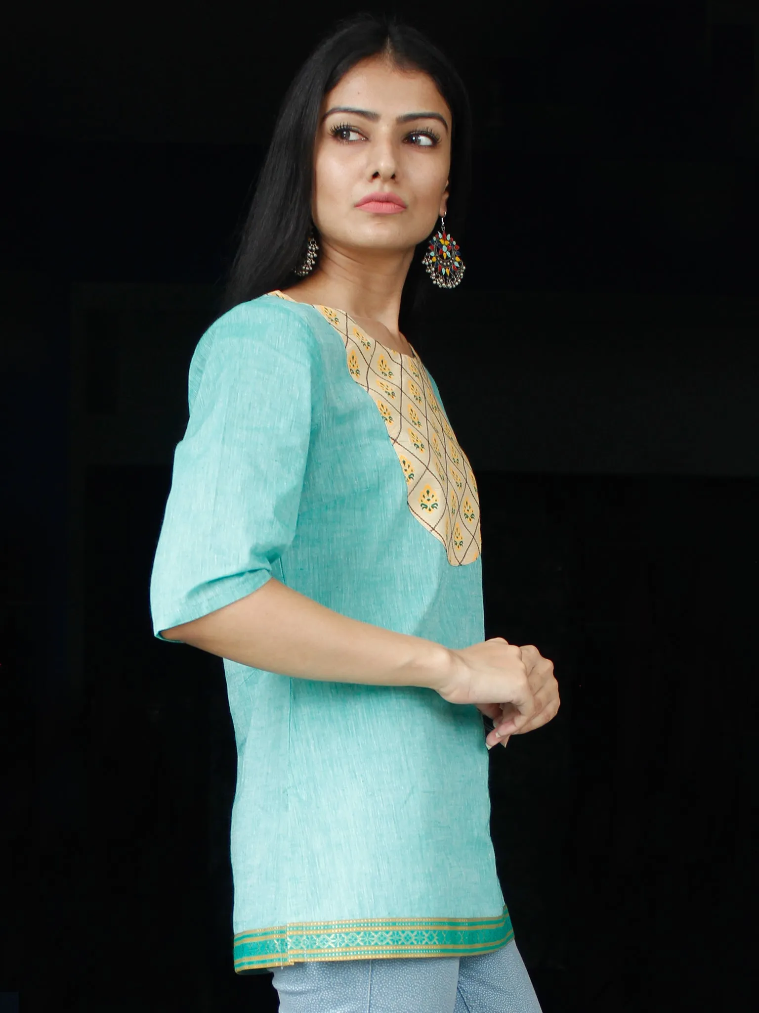 Sea Green South Handloom Cotton Top With  Zari Border - T44FXXX