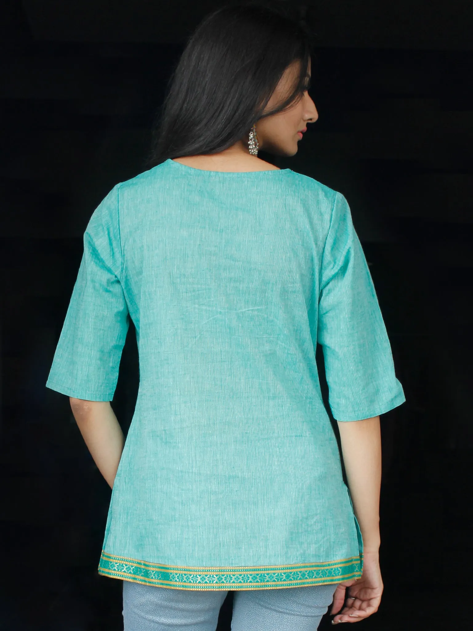 Sea Green South Handloom Cotton Top With  Zari Border - T44FXXX