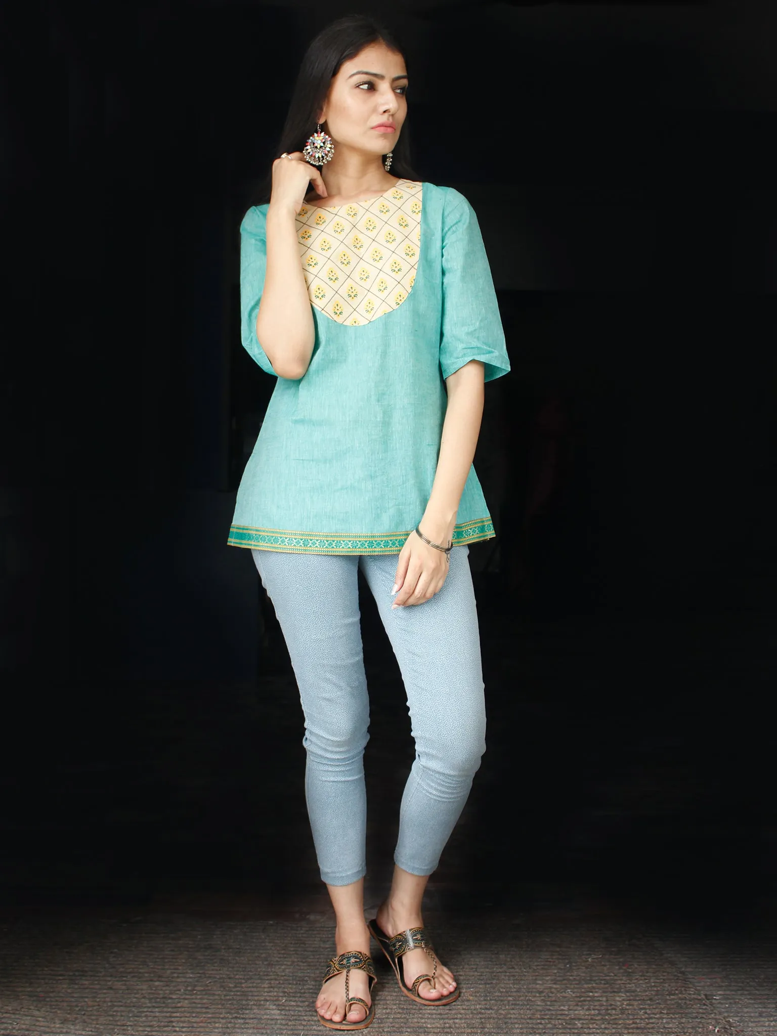 Sea Green South Handloom Cotton Top With  Zari Border - T44FXXX