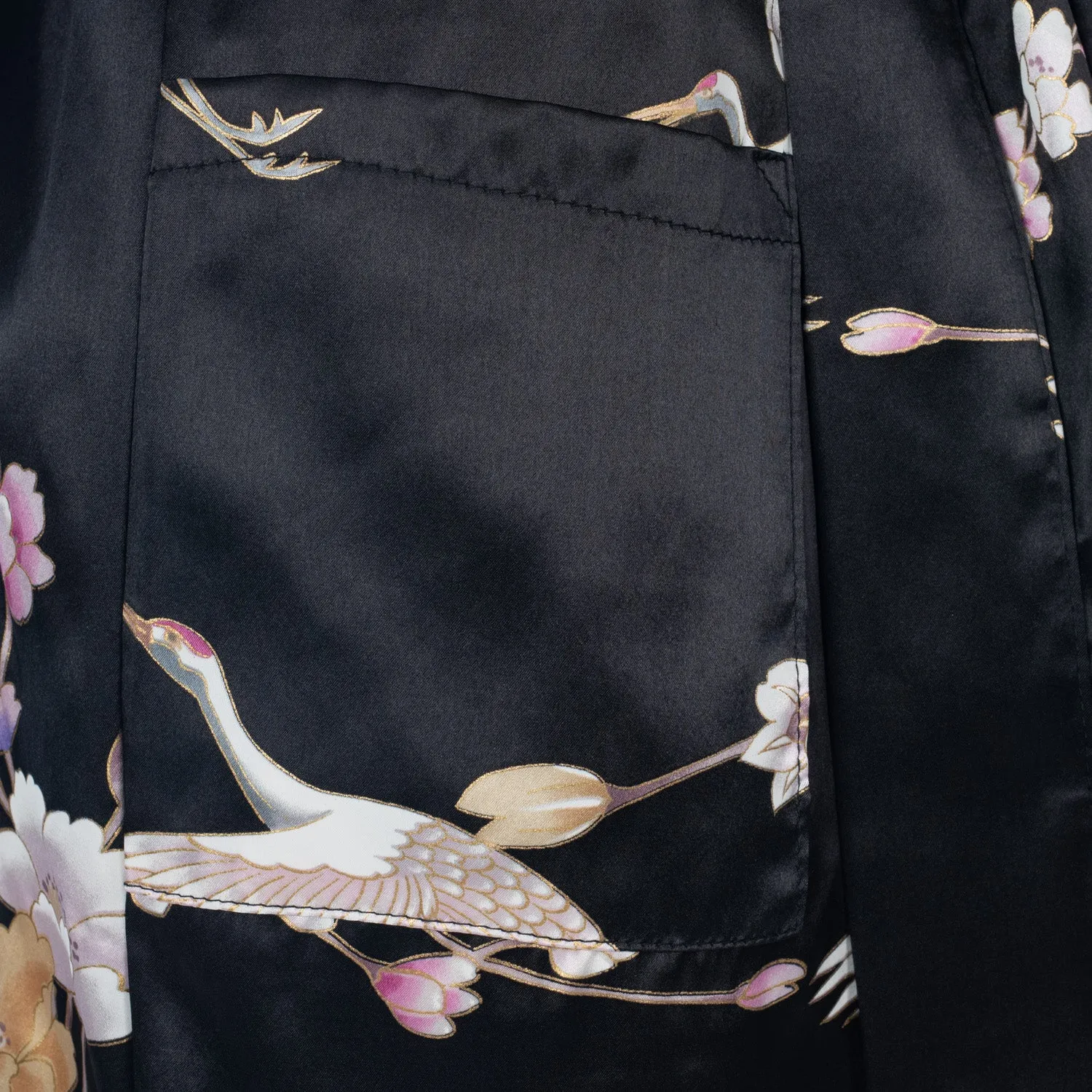 Short Black Silk Floral Crane Japanese Kimono