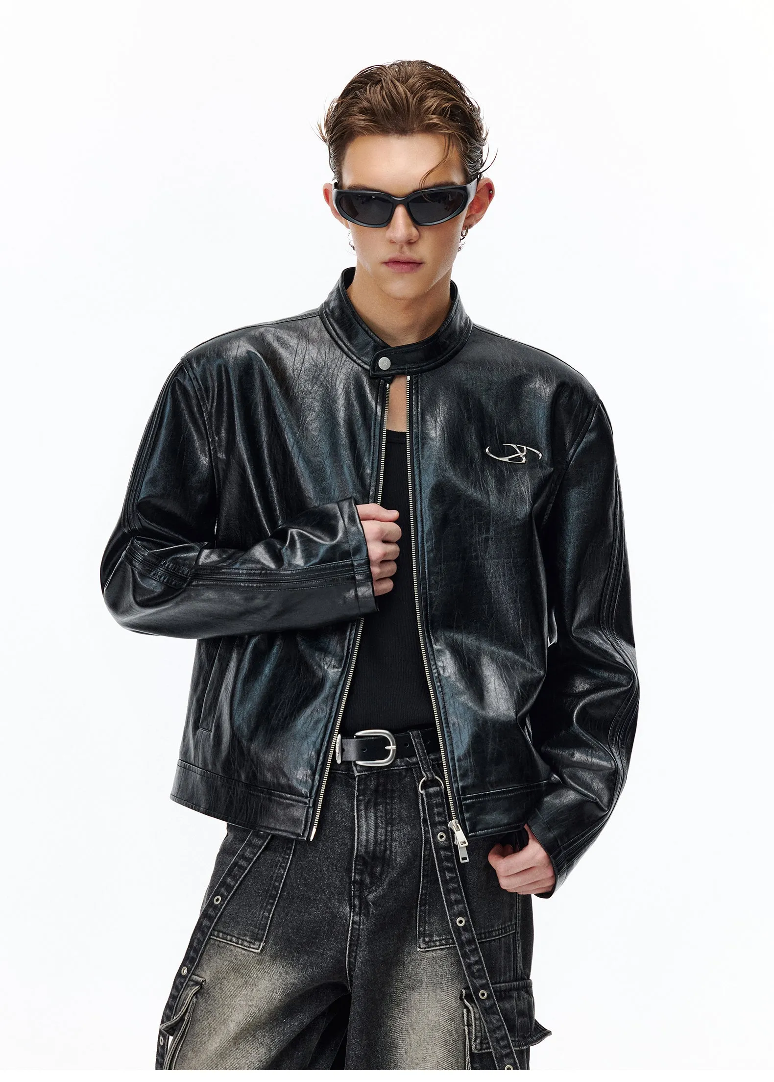 Shoulder pad PU leather short jacket