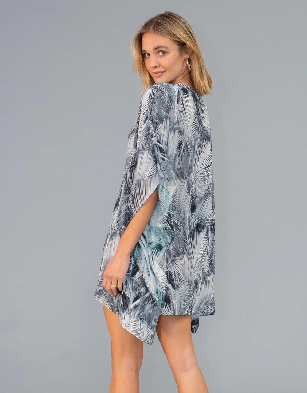 Silk Kaftan Dress in Feather Print