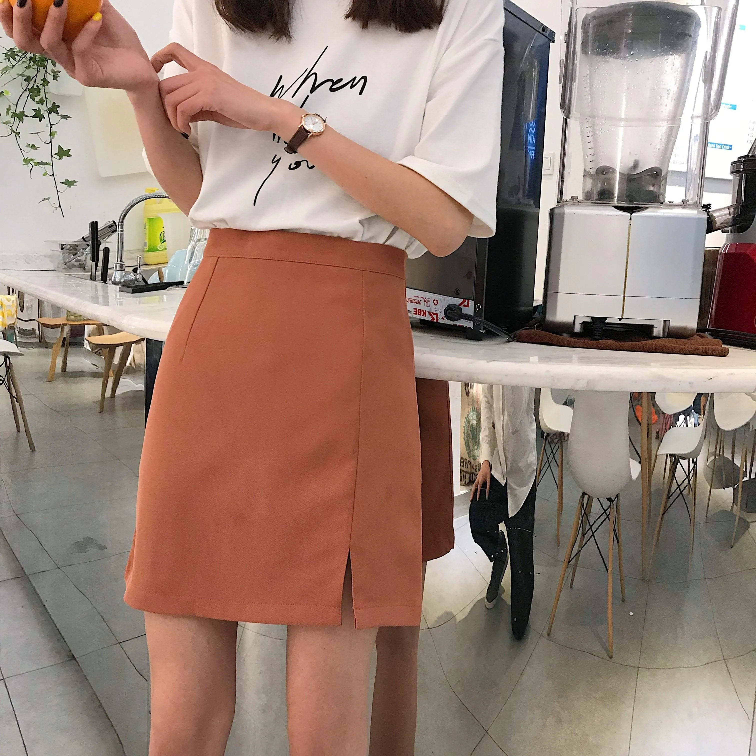 Simple Casual Side Slit High Waist Mini Pencil Skirt