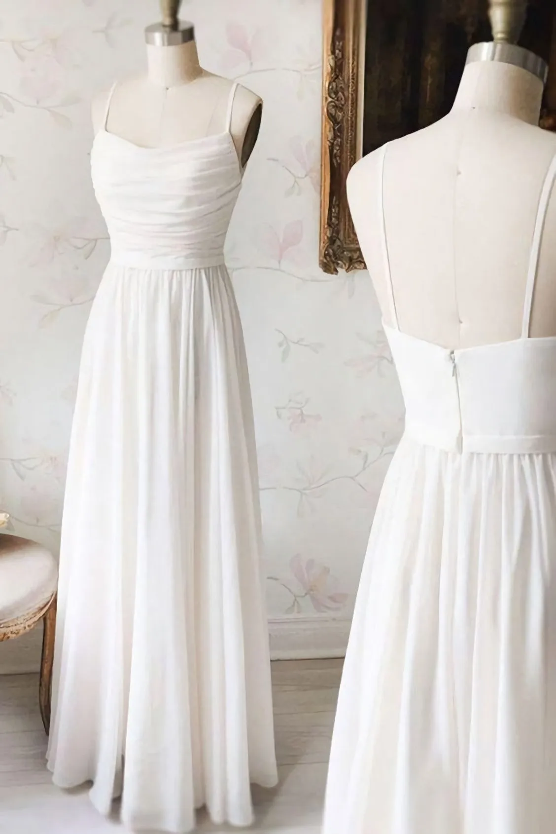 Simple White Chiffon V Neck Long Prom Dress White Evening Dress