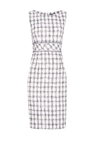 Sleeveless Shift Dress in Chic Navy/White Check Tweed and Fringe Trim - Aude