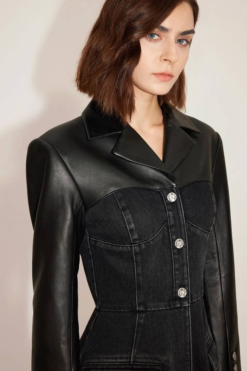 Stylish Mid-Length High-End Denim Patchwork Leather Coat