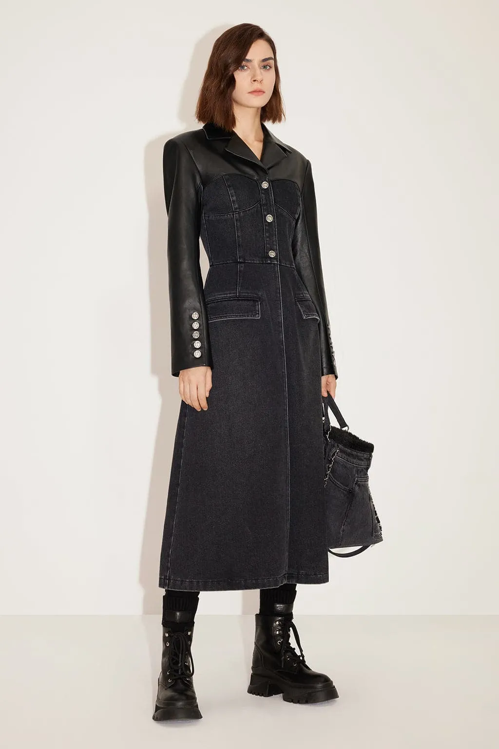 Stylish Mid-Length High-End Denim Patchwork Leather Coat