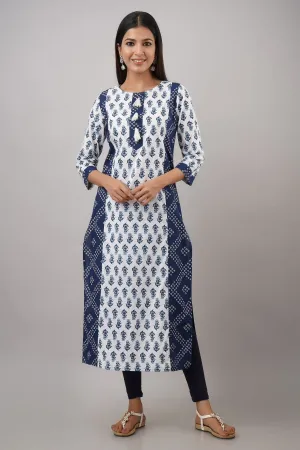 SVARCHI Women's Cotton Booti Bandhej Print Straight Kurta (Blue & White)