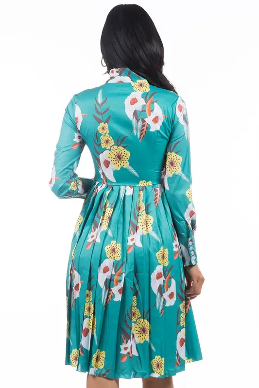 TEEK - GREEN FLORAL NECK TIE PLEATED DRESS