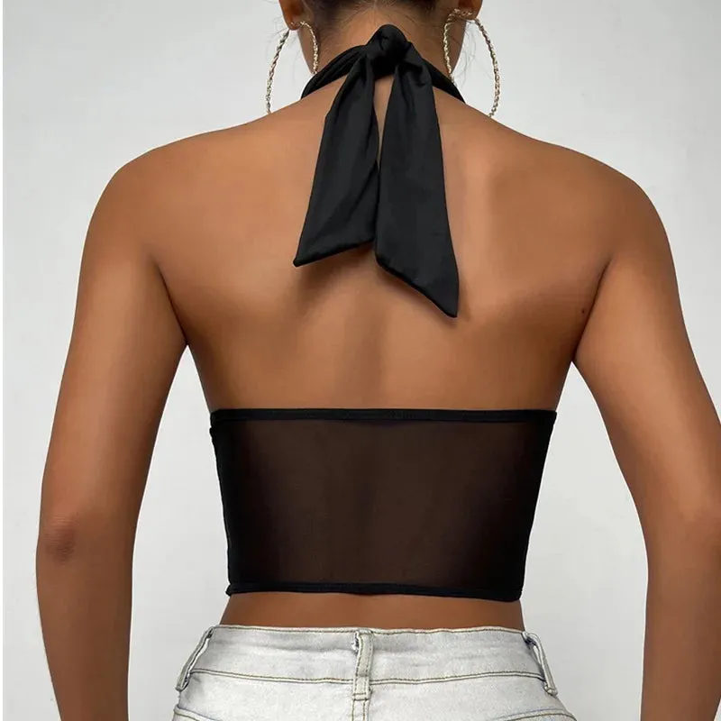 Trendy Cross Halter Mesh Backless Corset Bustier