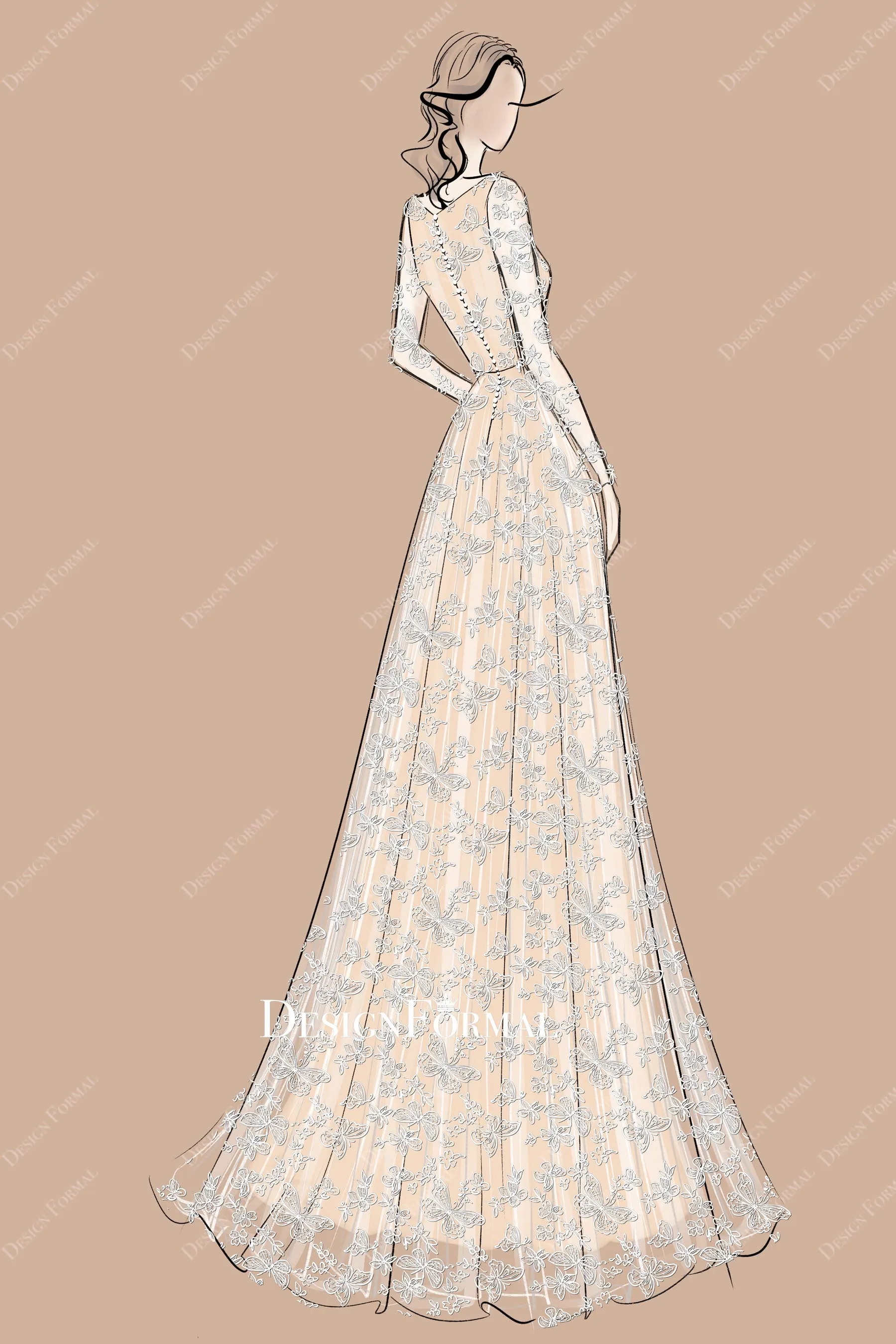 V-neck Butterfly Lace Floor Length Nude Beige Wedding Dress Sketch