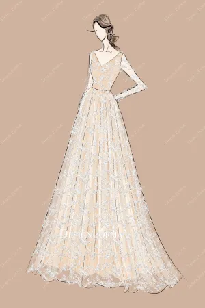 V-neck Butterfly Lace Floor Length Nude Beige Wedding Dress Sketch