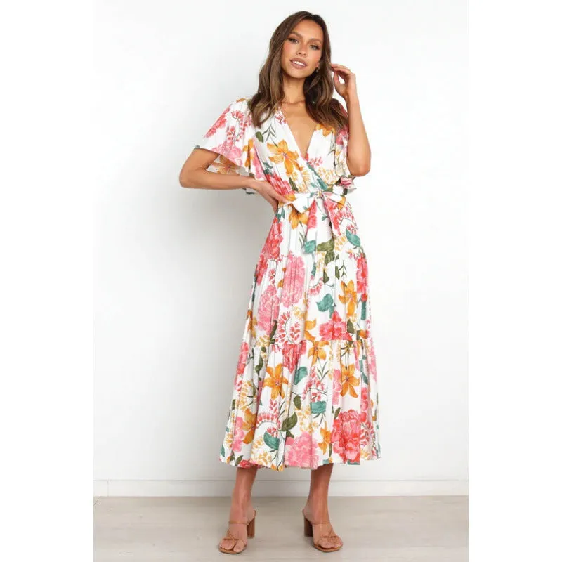 v-neck commuter print short-sleeved waist-length dress Bohemian dress