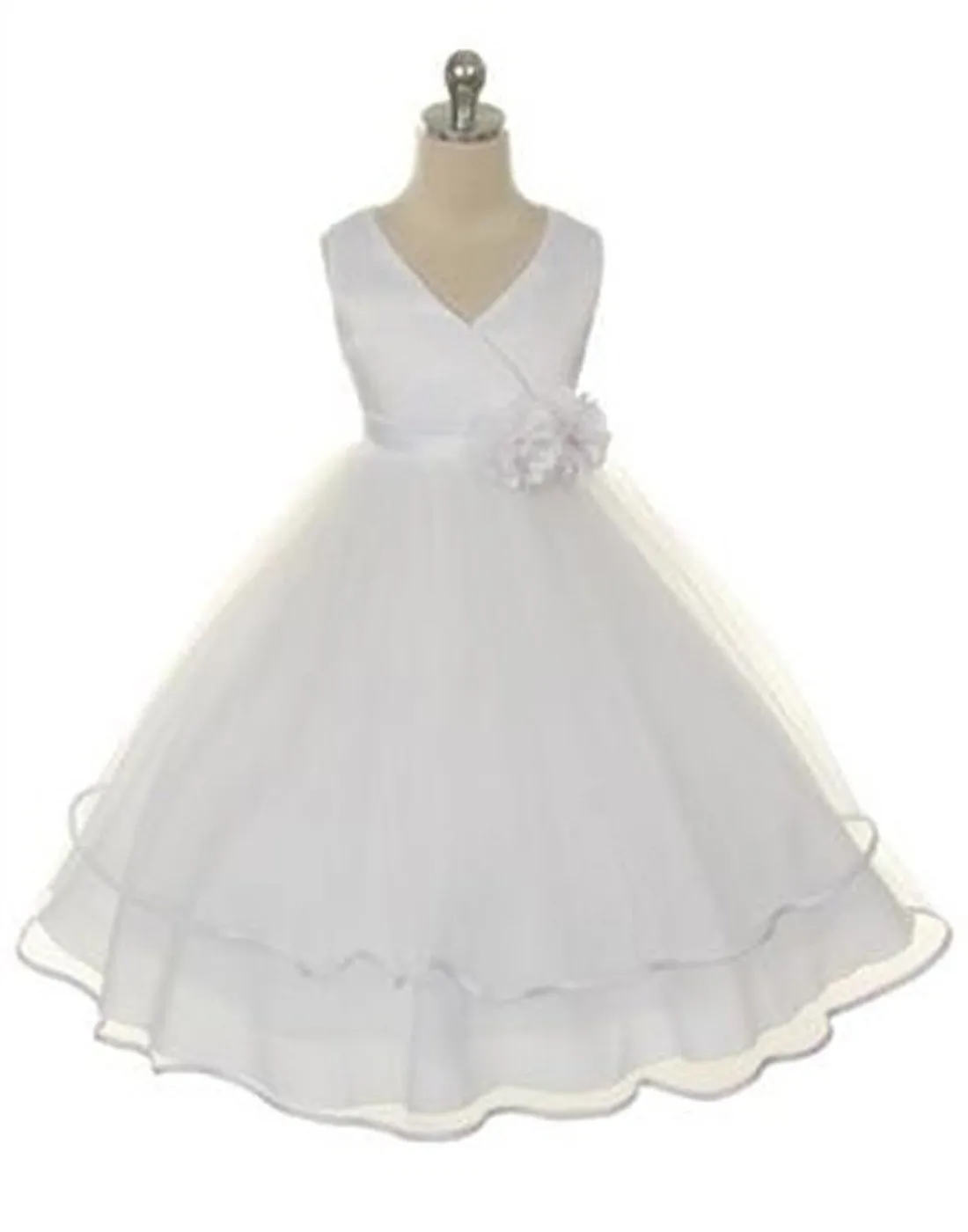 V-neck Satin Bodice and Tulle Layered Skirt Dress - White