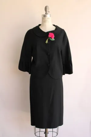 Vintage 1960s Black Skirt Suit with Rose Brooch by Sue Leslie