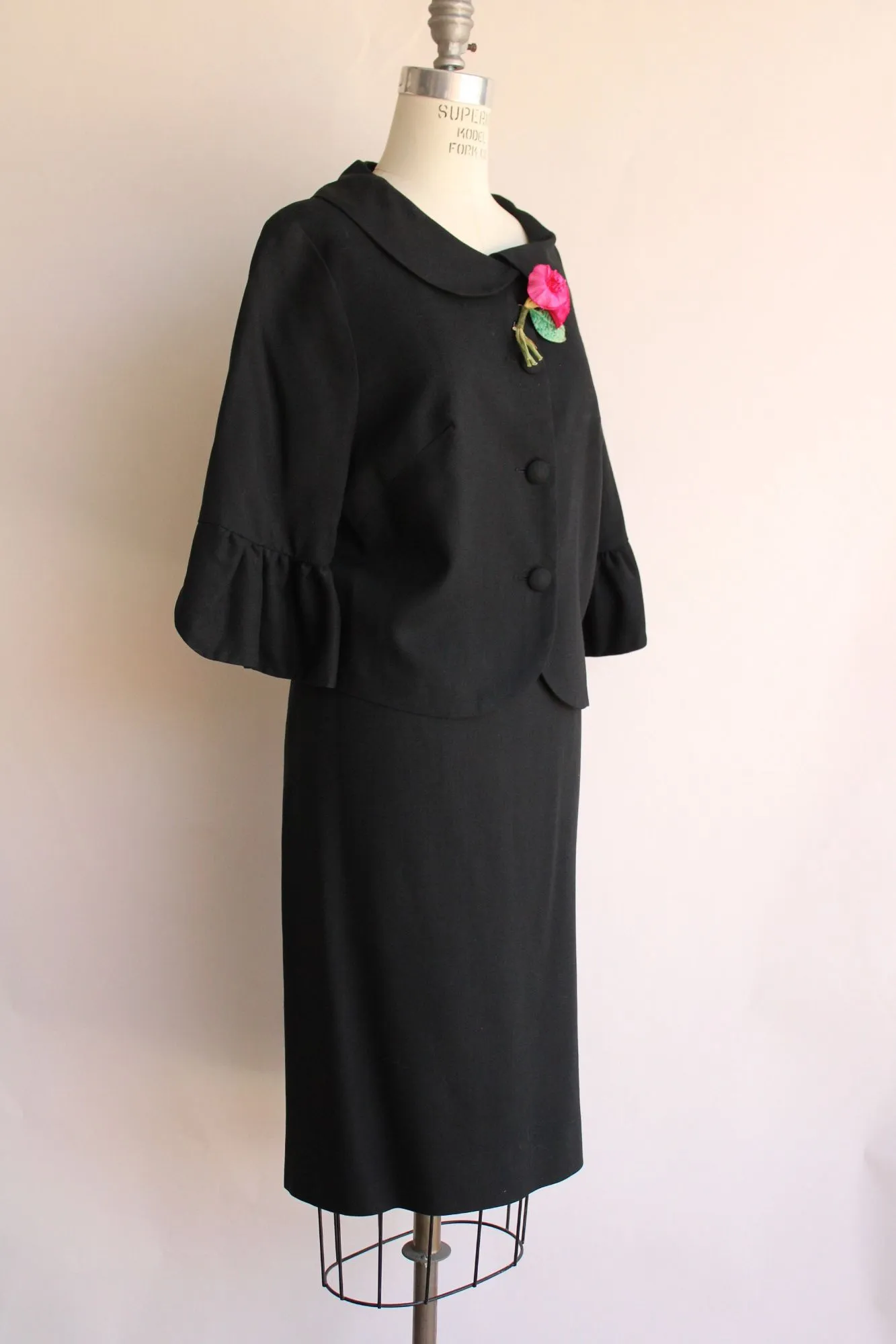 Vintage 1960s Black Skirt Suit with Rose Brooch by Sue Leslie