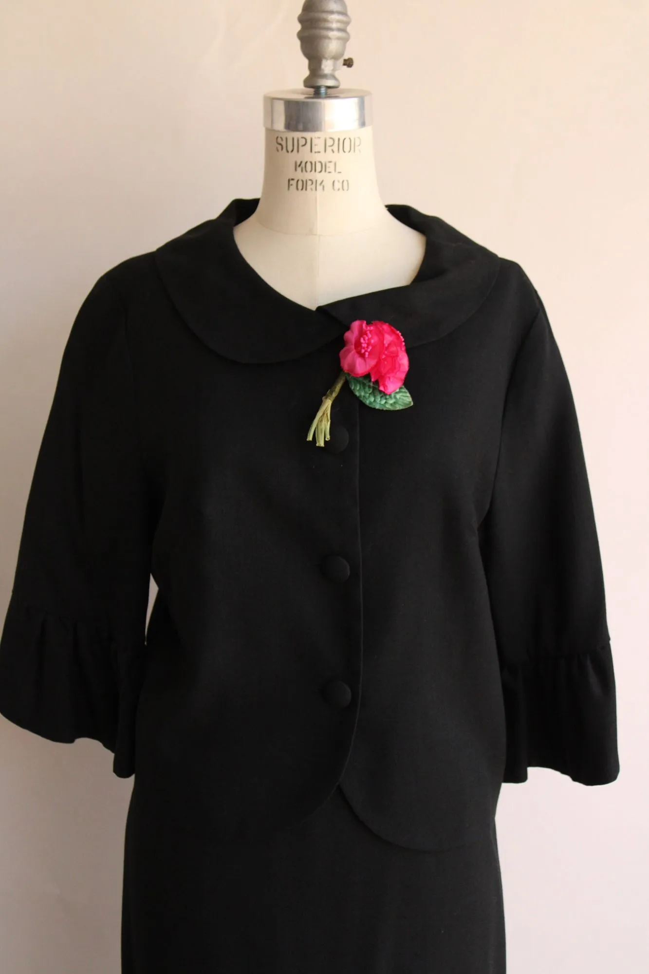 Vintage 1960s Black Skirt Suit with Rose Brooch by Sue Leslie