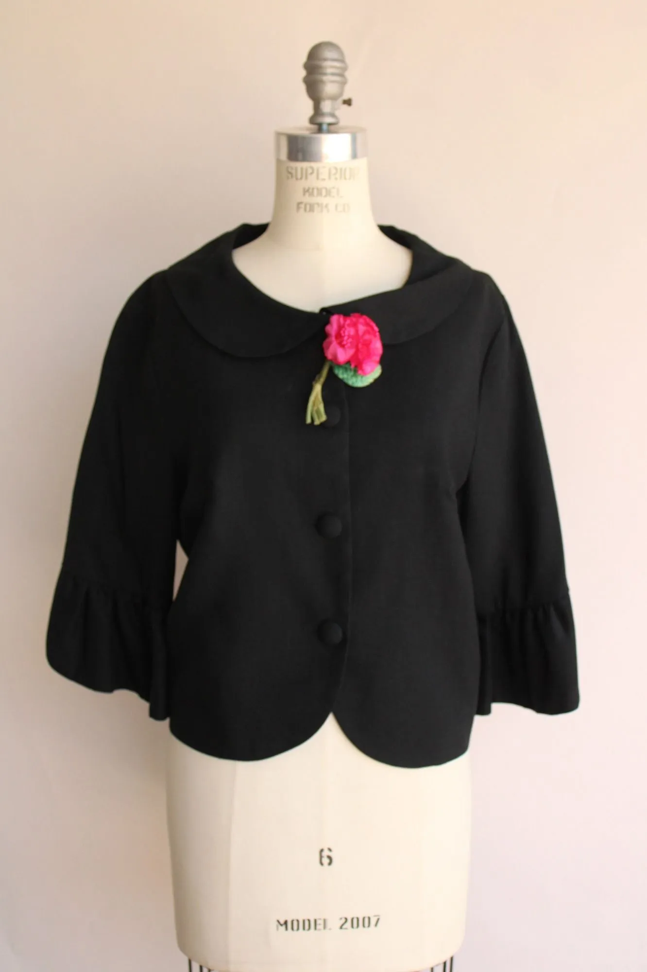 Vintage 1960s Black Skirt Suit with Rose Brooch by Sue Leslie