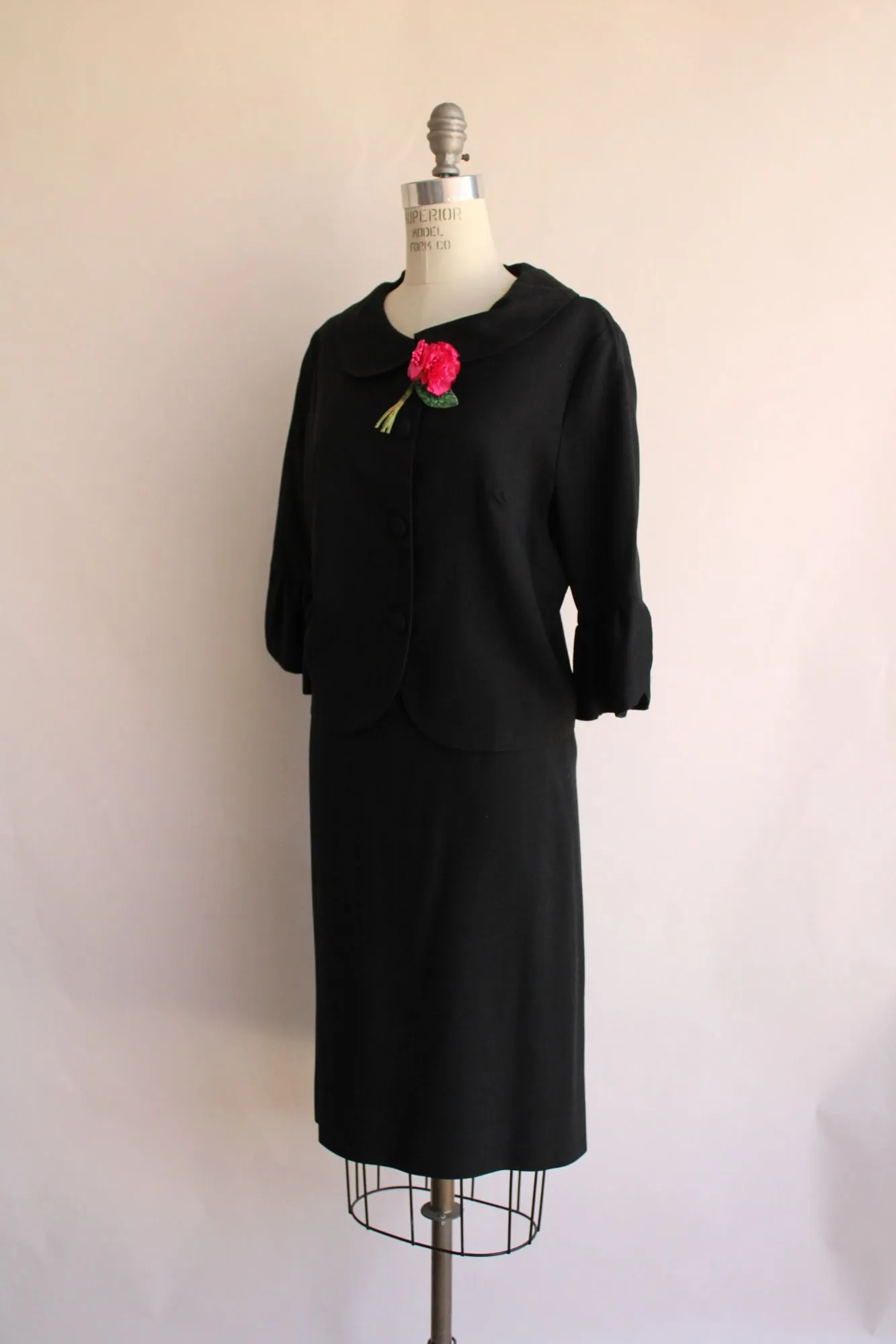 Vintage 1960s Black Skirt Suit with Rose Brooch by Sue Leslie