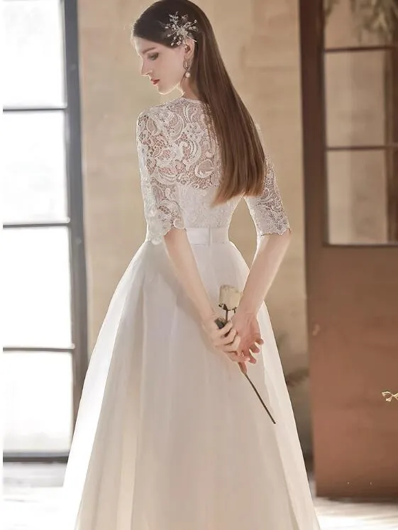 White Lace Short Sleeves Pretty Wedding Party Dress, White Graduation Dress