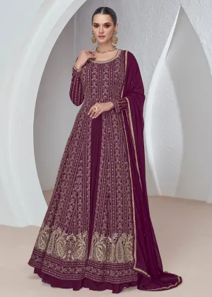 Wine Plum Front Slit Embroidered Lehenga Skirt Suit