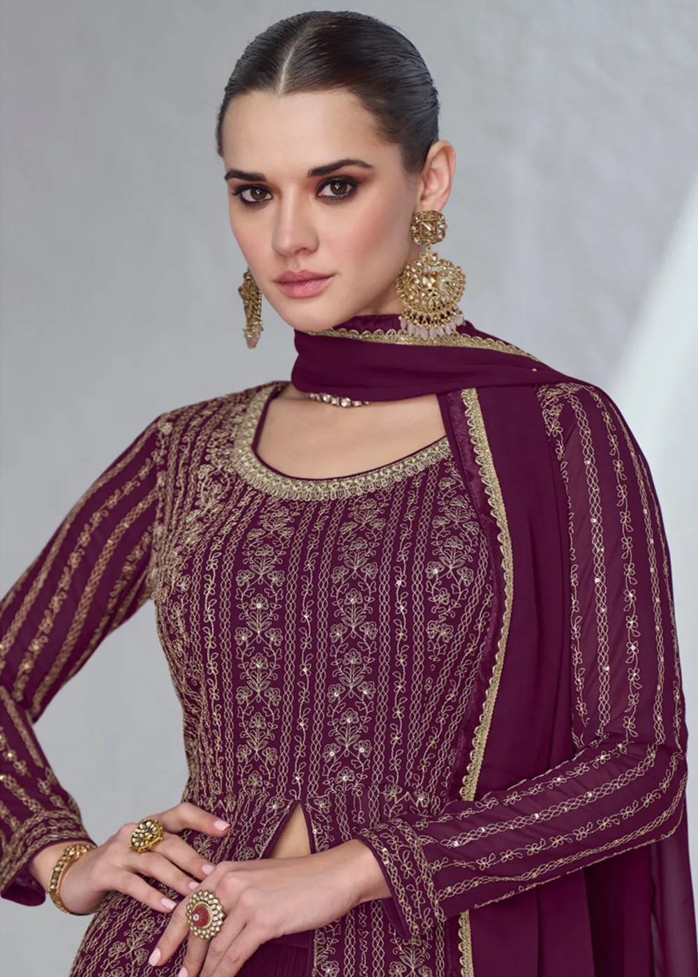 Wine Plum Front Slit Embroidered Lehenga Skirt Suit