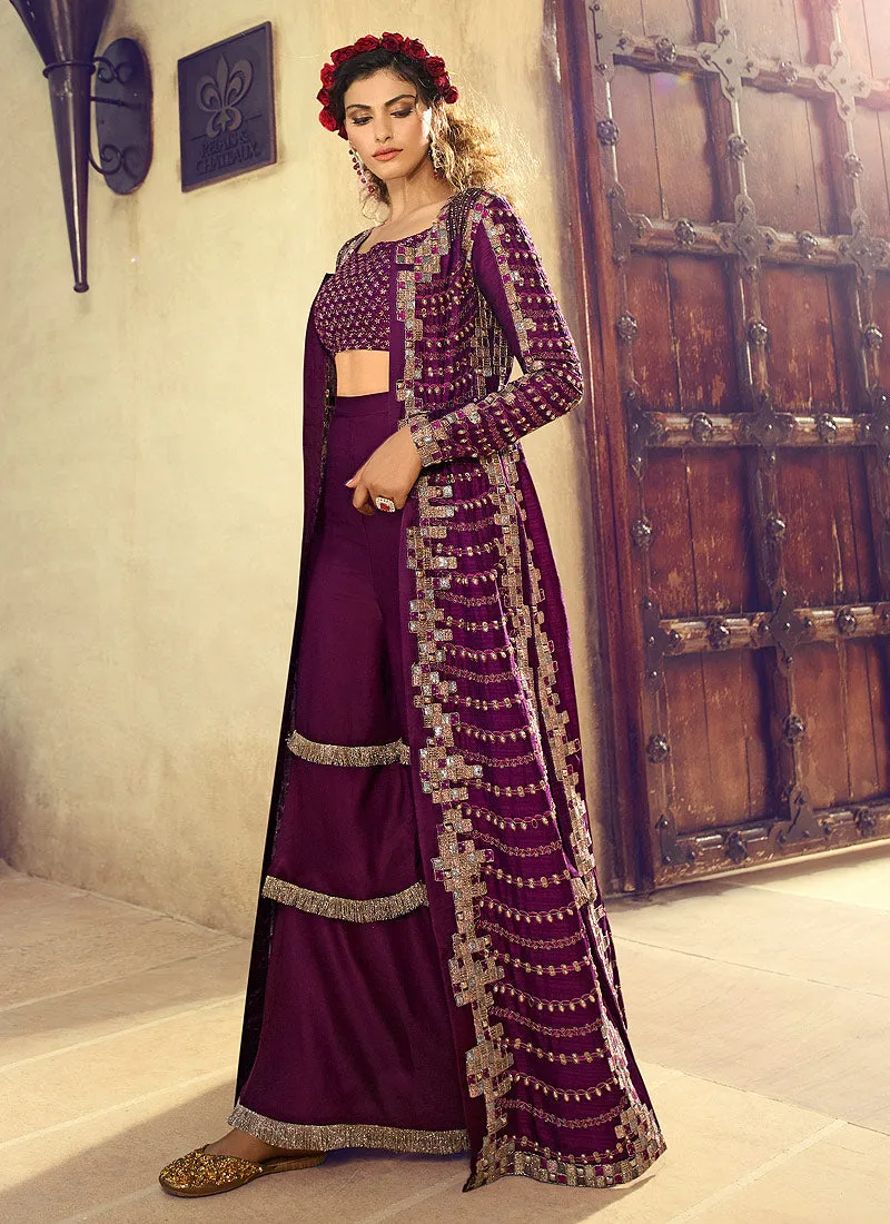 Wine Purple Indo-Western Overcoat Style Palazzo Suit