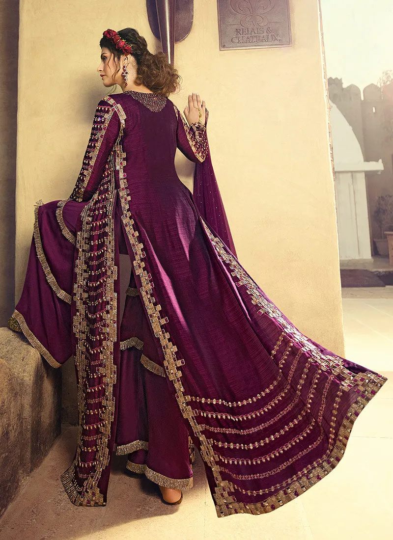 Wine Purple Indo-Western Overcoat Style Palazzo Suit