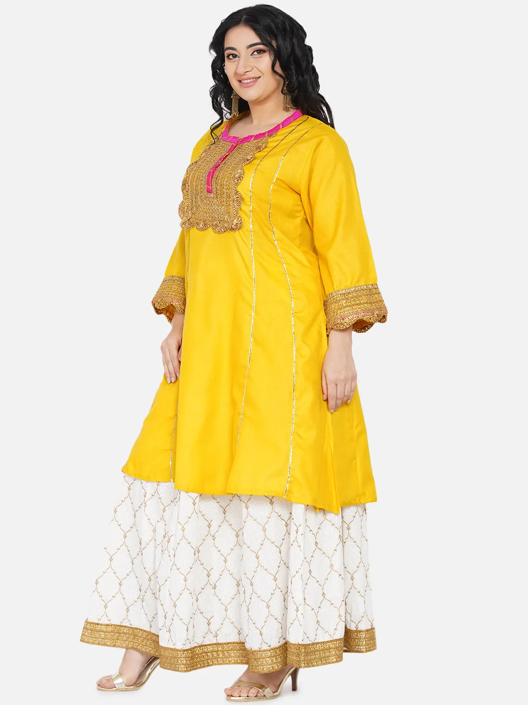 Women Yellow Floral Yoke Design Panelled Patchwork Kurta with Skirt & With Dupatta