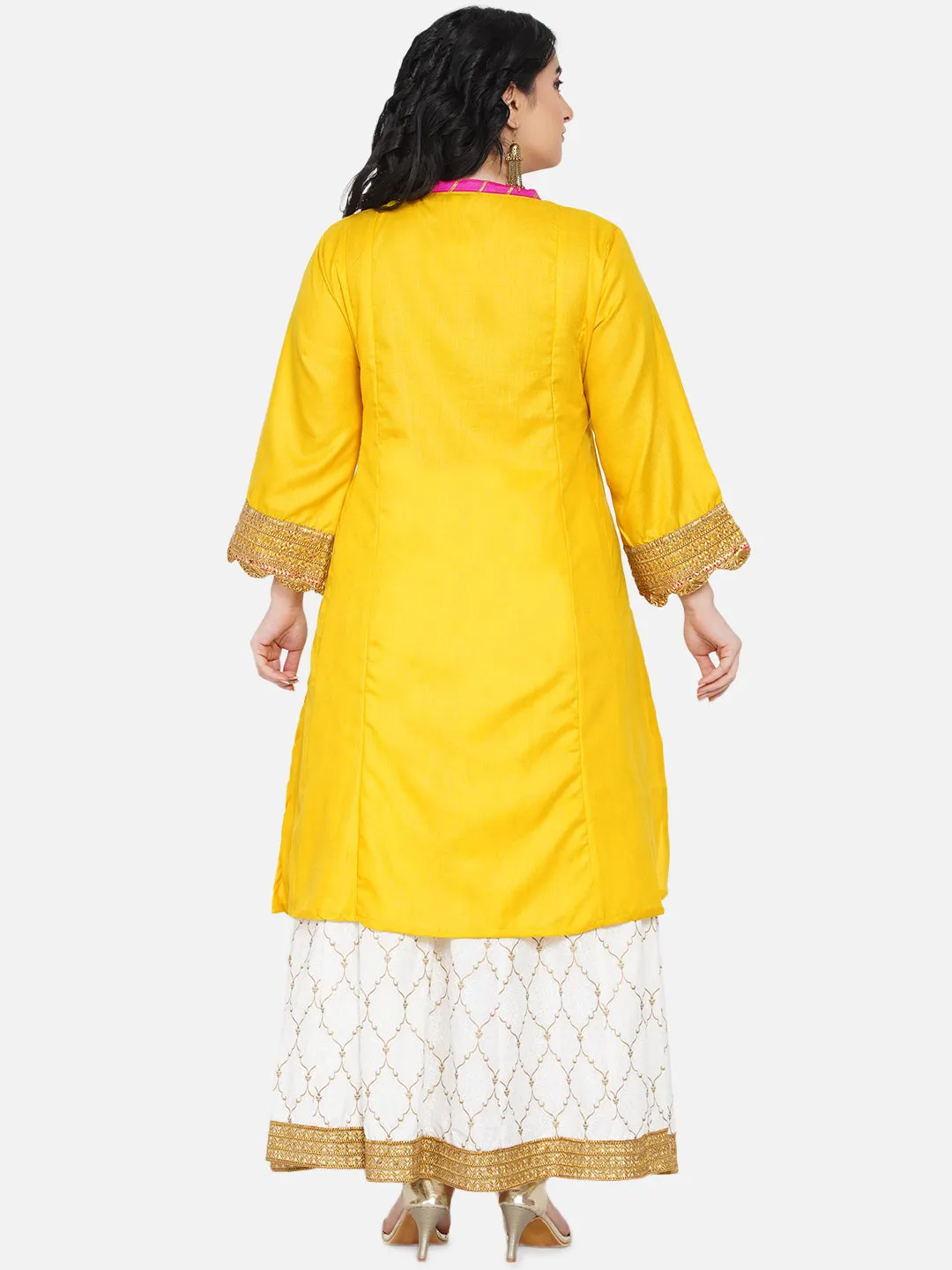 Women Yellow Floral Yoke Design Panelled Patchwork Kurta with Skirt & With Dupatta