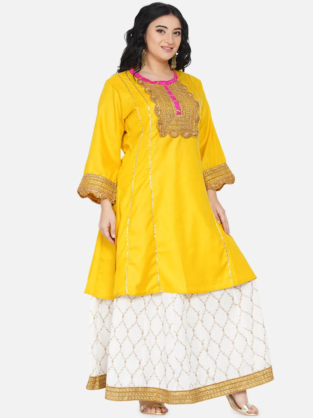 Women Yellow Floral Yoke Design Panelled Patchwork Kurta with Skirt & With Dupatta