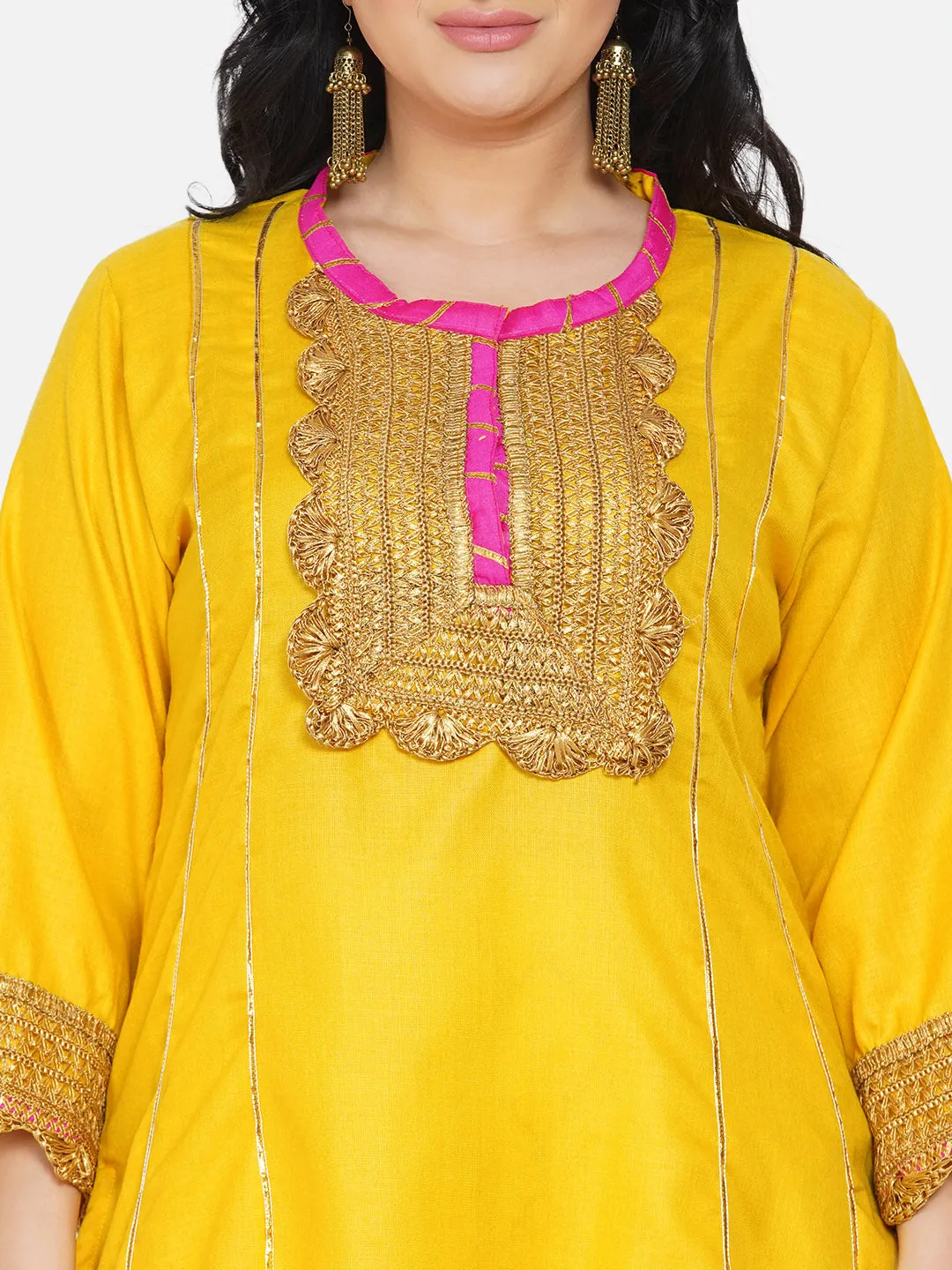 Women Yellow Floral Yoke Design Panelled Patchwork Kurta with Skirt & With Dupatta