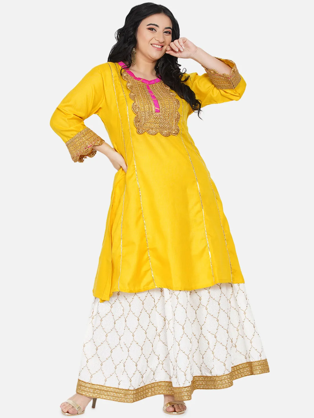 Women Yellow Floral Yoke Design Panelled Patchwork Kurta with Skirt & With Dupatta