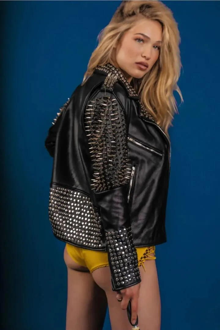 Women's Black Punk Long Silver Spiked Studded Leather Jacket