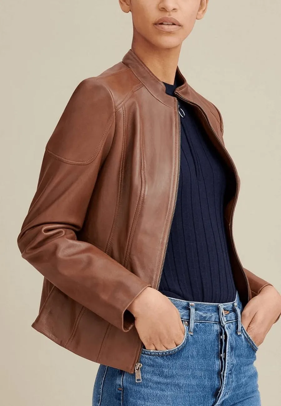 Women's Brown Leather Crew Neck Biker Jacket