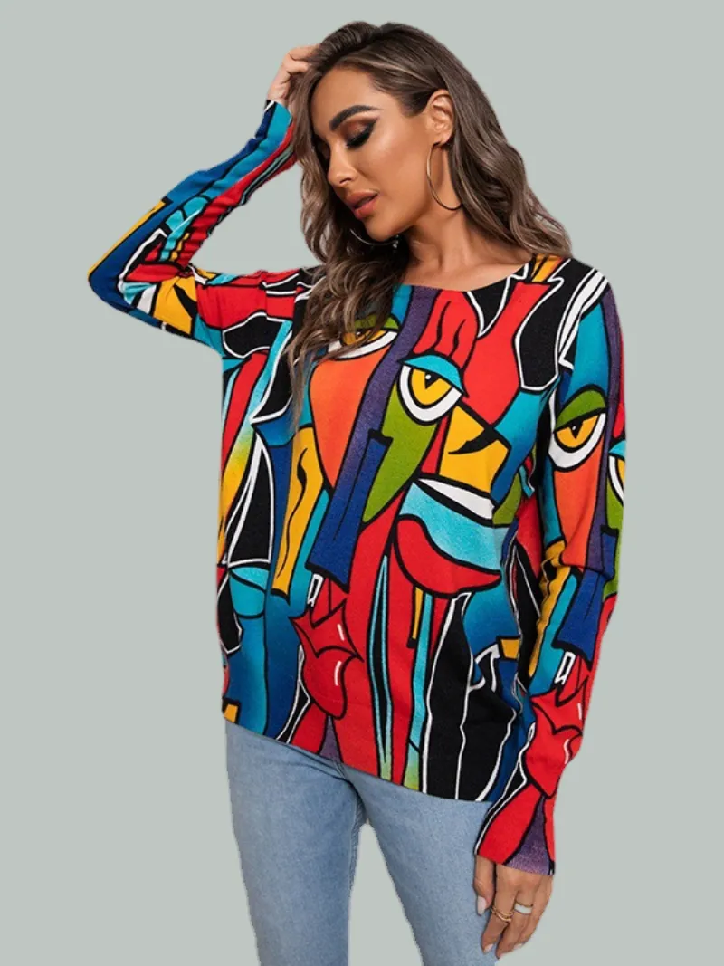 Women's Cross-Border Pullover Long-Sleeved Round Neck Printed Top