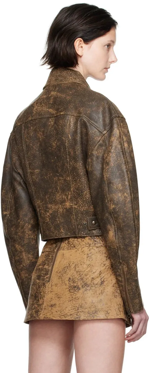 Women’s Dark Brown Distressed Trucker Leather Jacket with Classic Fit